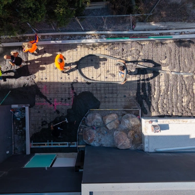 Aerial view of the TT Constructions crew at work on reinforced mesh